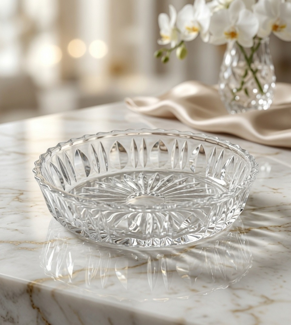 Vintage Pressed Glass Round Trinket Dish Starburst Sawtooth Rim 5.5x1.5" EXC